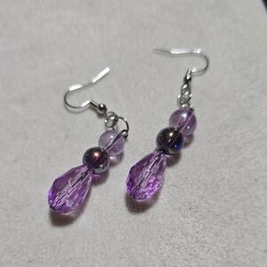 Purple Teardrop Crystal Earrings with Silver Hooks